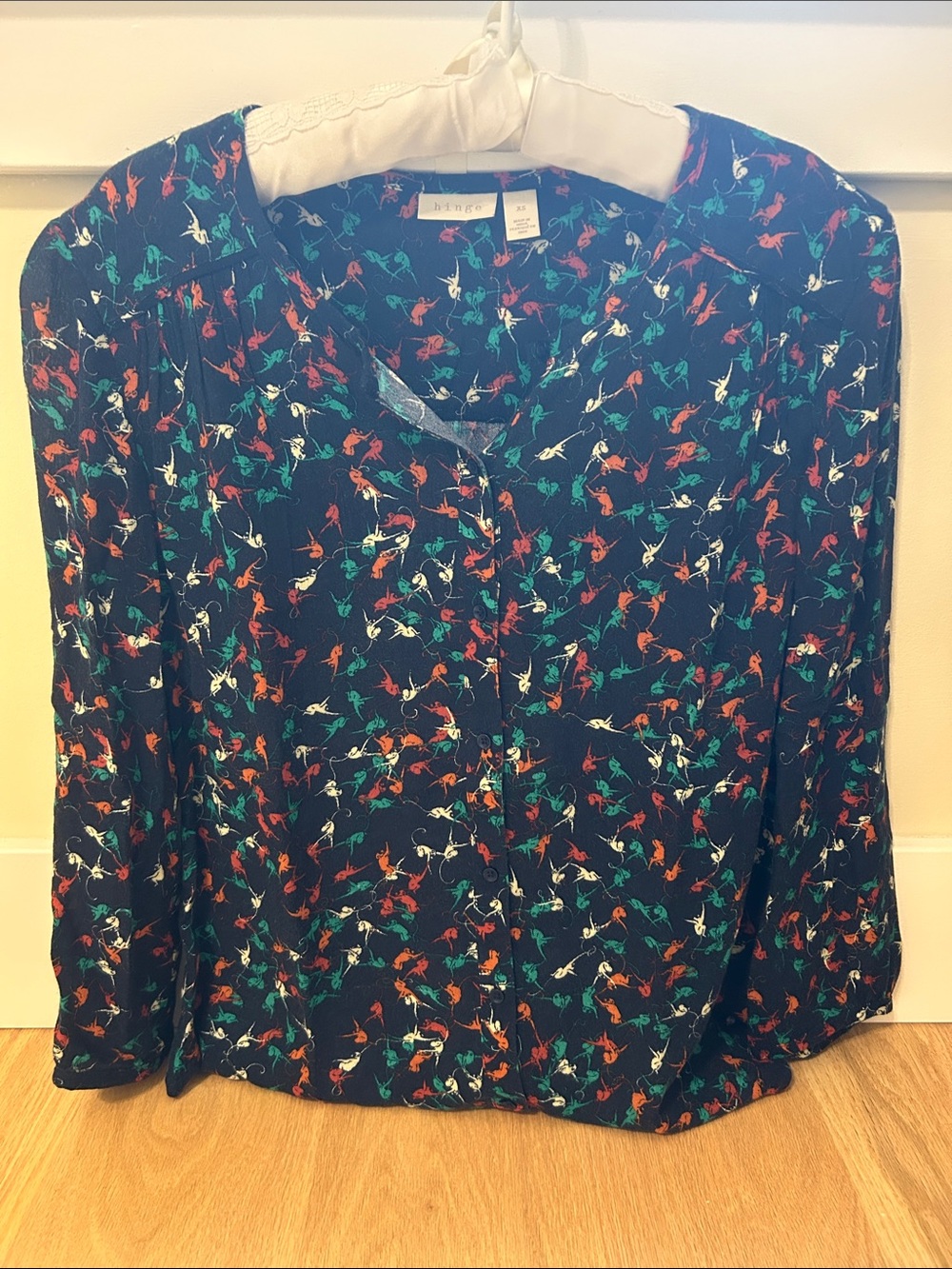 hinge Navy Blouse with Teal, Orange & White Abstract Print